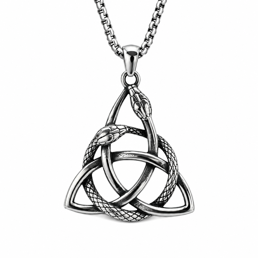 Triquetra Knot with Ouroboros Hanger – Stainless Steel