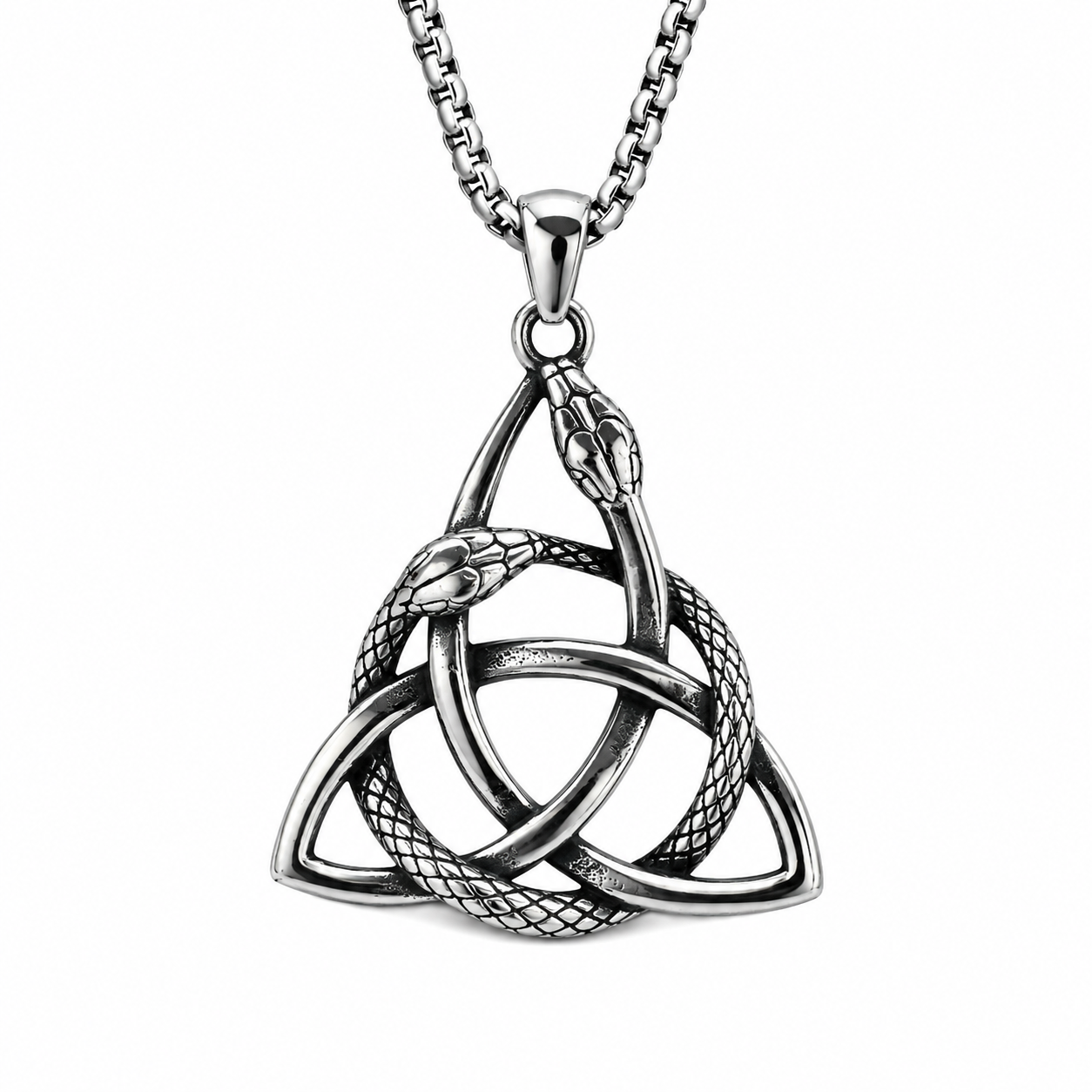 Triquetra Knot with Ouroboros Hanger – Stainless Steel