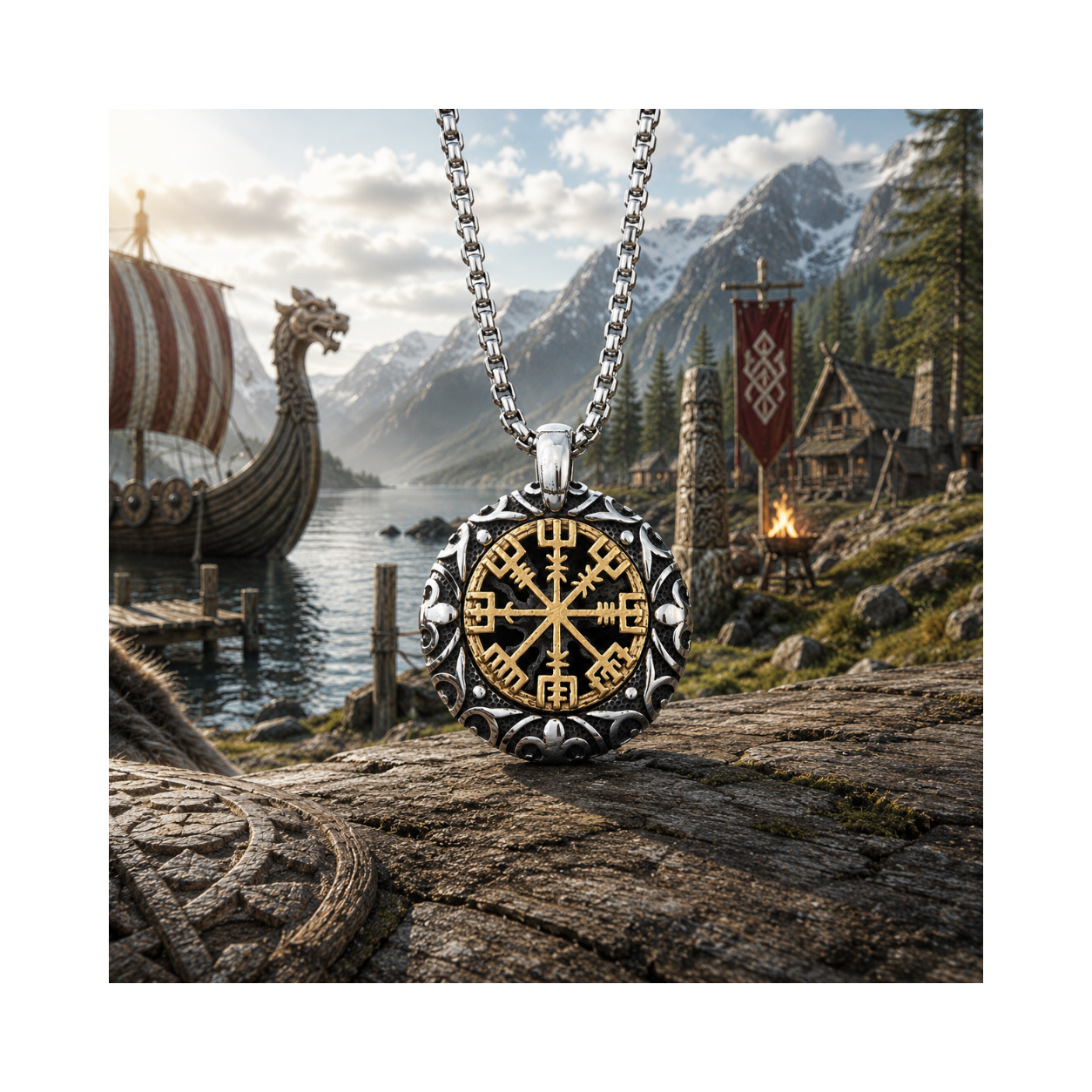 Viking Vegvísir & Sun Hanger – Stainless Steel