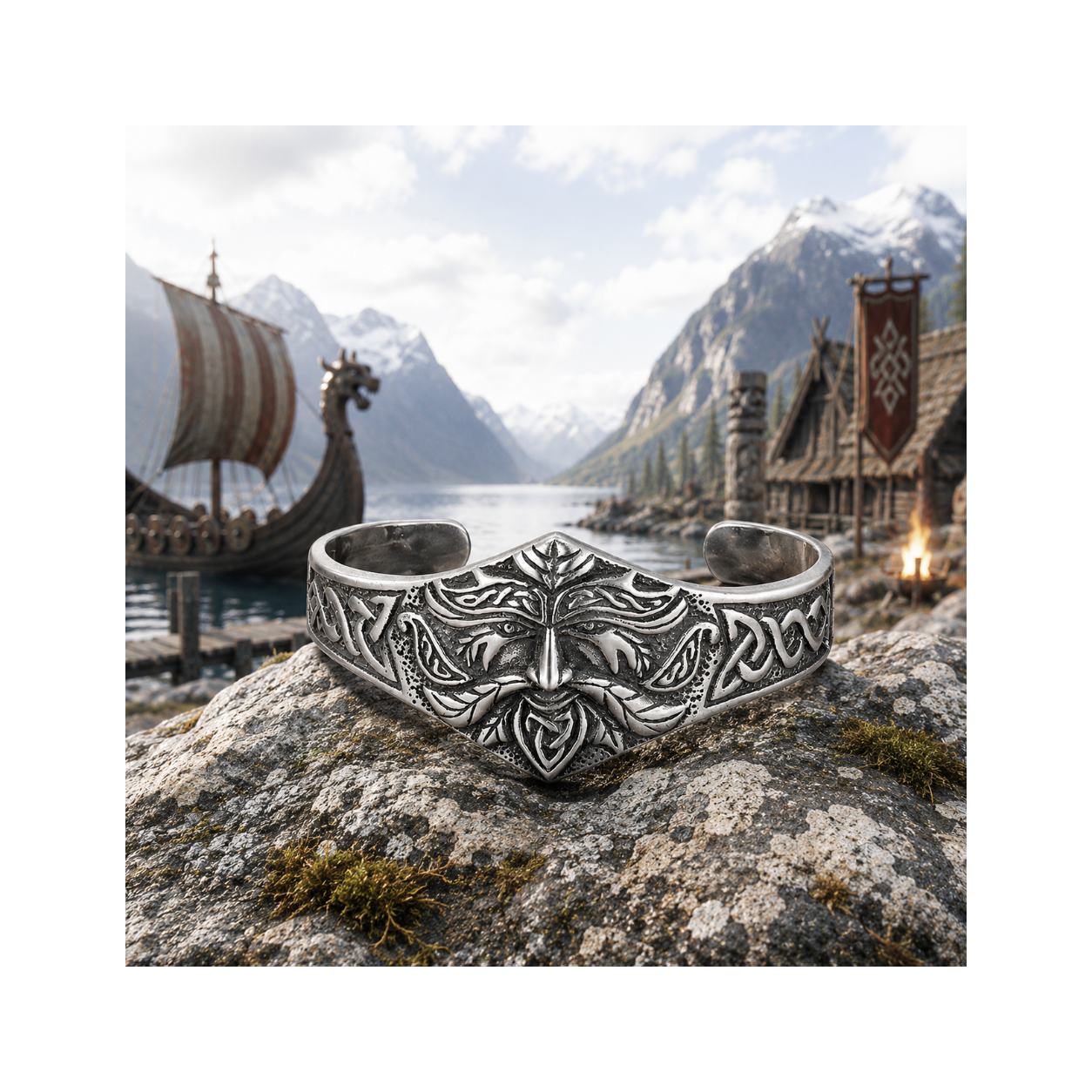 Viking Warrior Old Man Head Cuff Armband – Stainless Steel