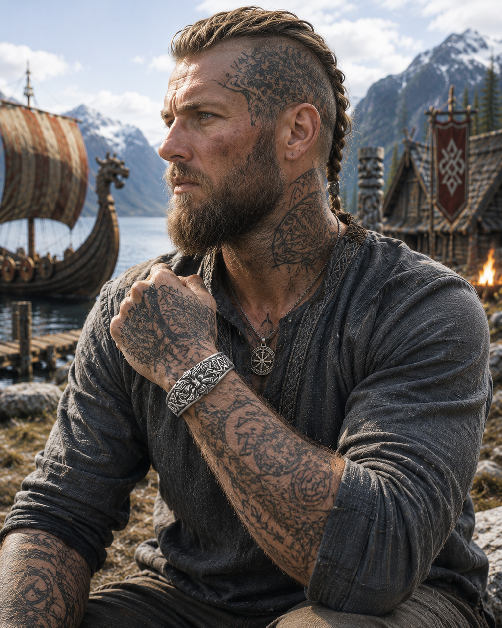 Viking Warrior Old Man Head Cuff Armband – Stainless Steel