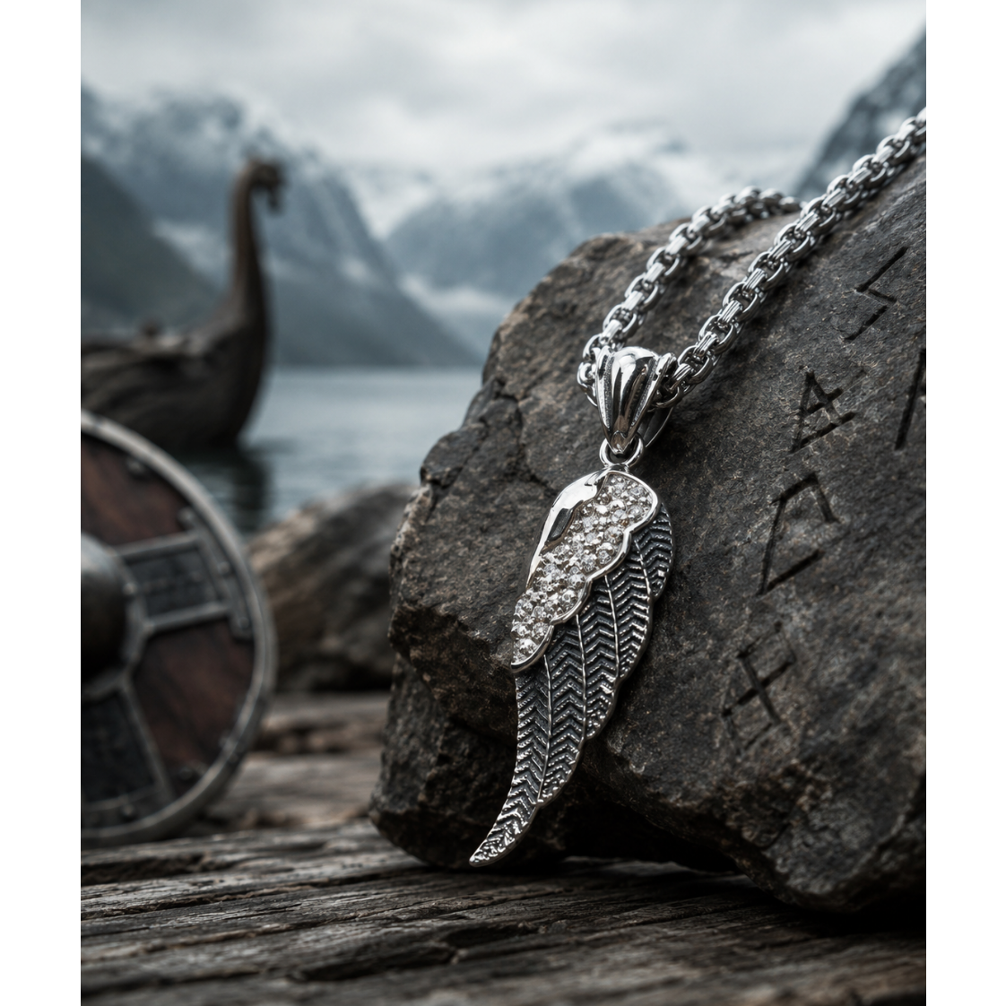 Valkyrie Wing with White Gems Hanger  – Stainless Steel