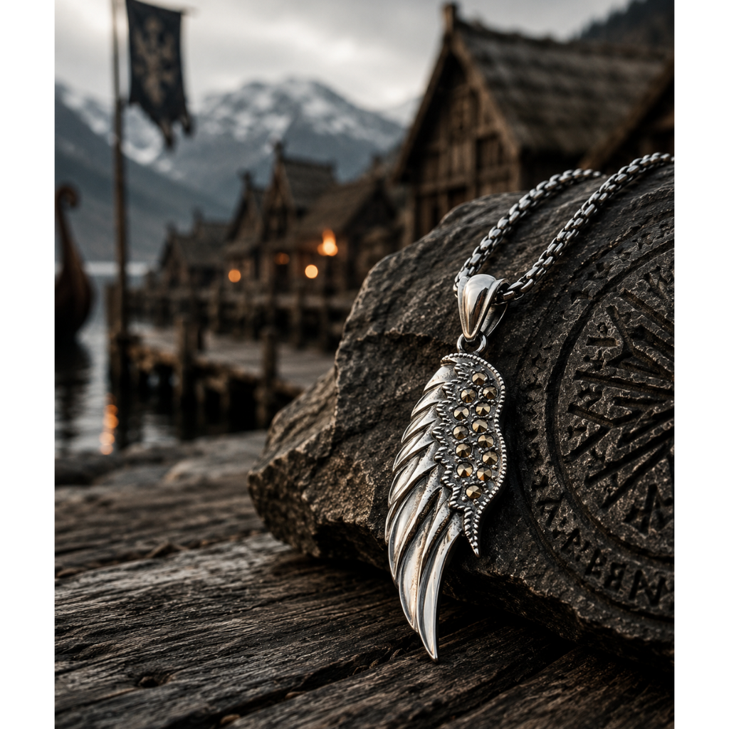 Valkyrie Wing Pendant with Gold Gems Hanger – Stainless Steel