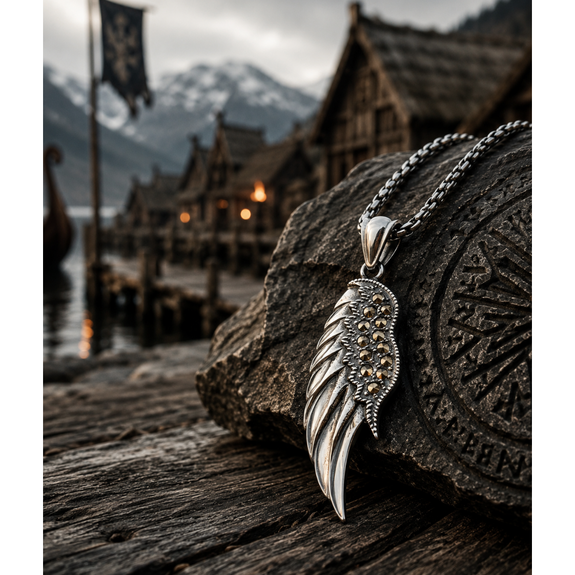 Valkyrie Wing Pendant with Gold Gems Hanger – Stainless Steel