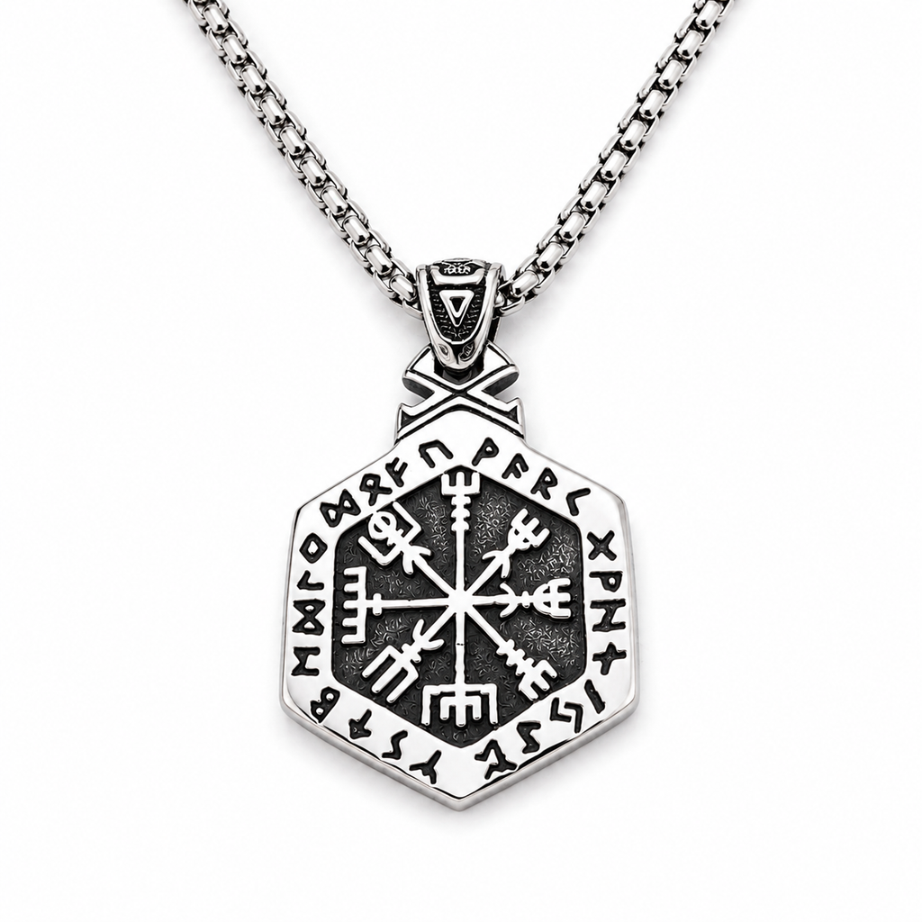 Northern Viking Hexagonal Vegvísir Hanger – Stainless Steel