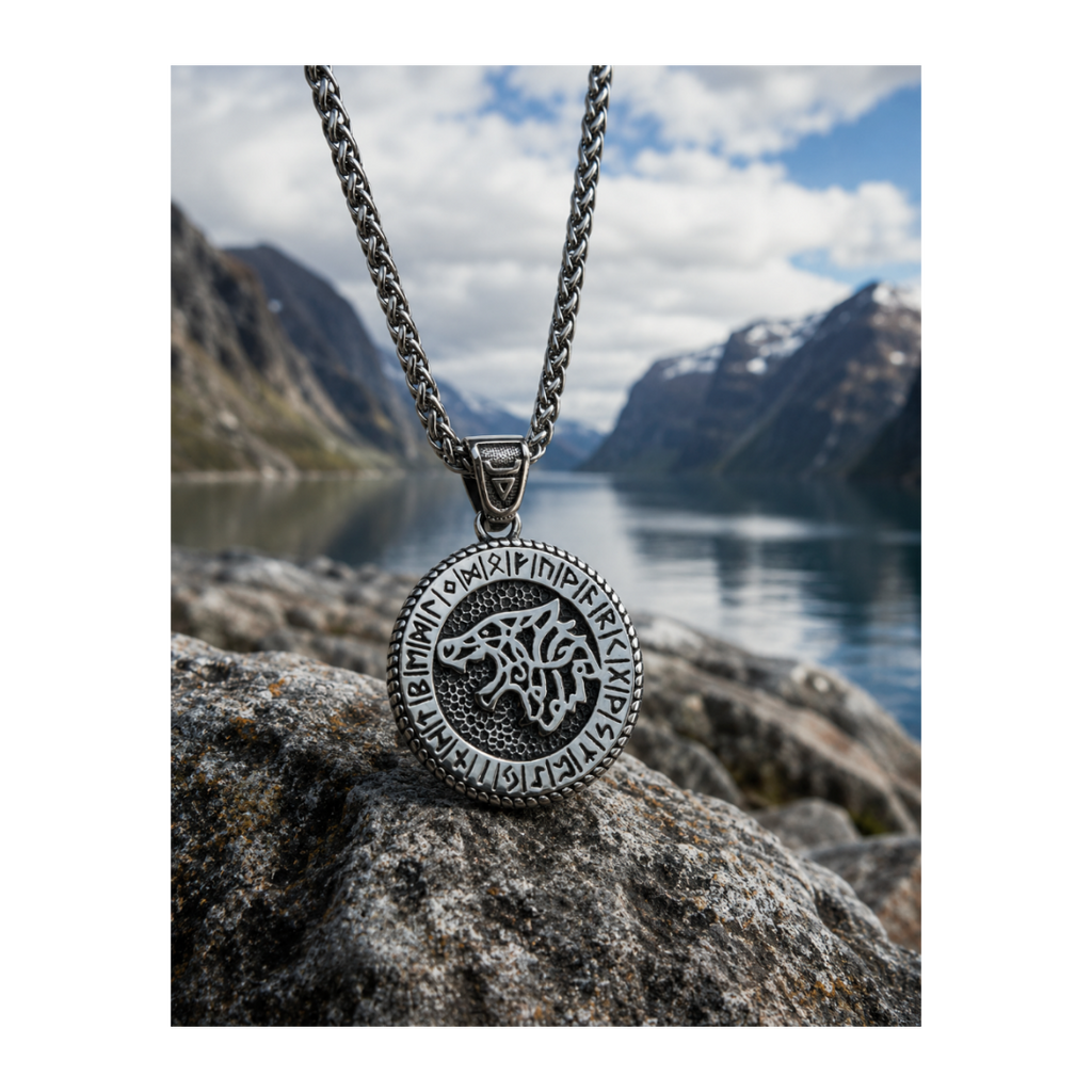 Nordic Viking Runes Coin Wolf Hanger– Stainless Steel