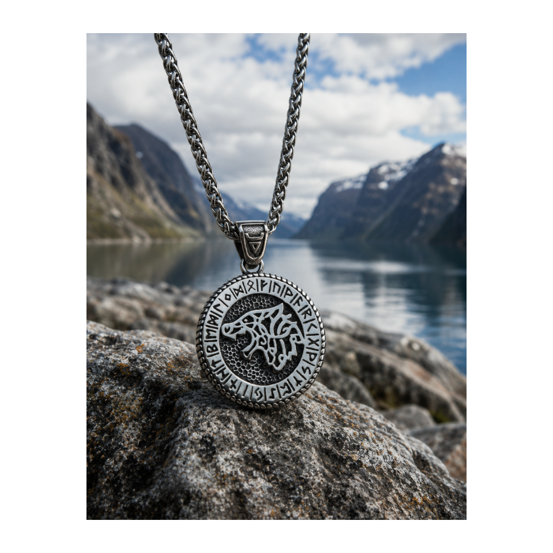 Nordic Viking Runes Coin Wolf Hanger– Stainless Steel