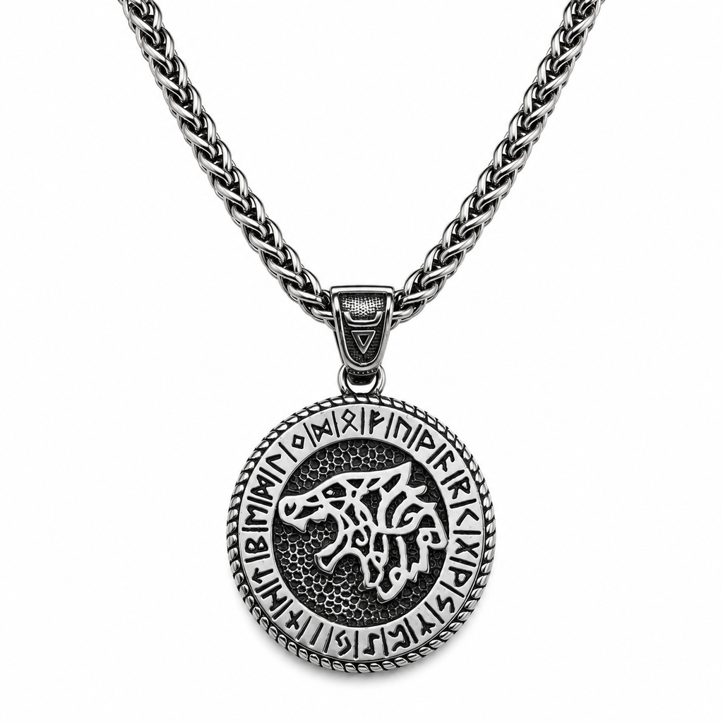 Nordic Viking Runes Coin Wolf Hanger– Stainless Steel