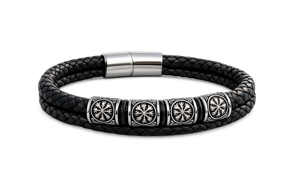 Leather Braided Bracelet with Viking Runes – Stainless Steel