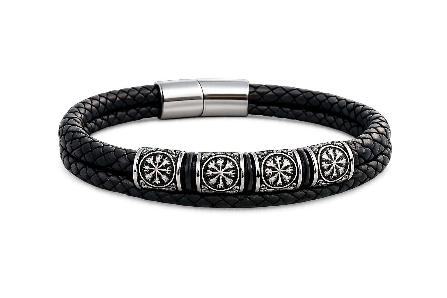 Leather Braided Bracelet with Viking Runes – Stainless Steel