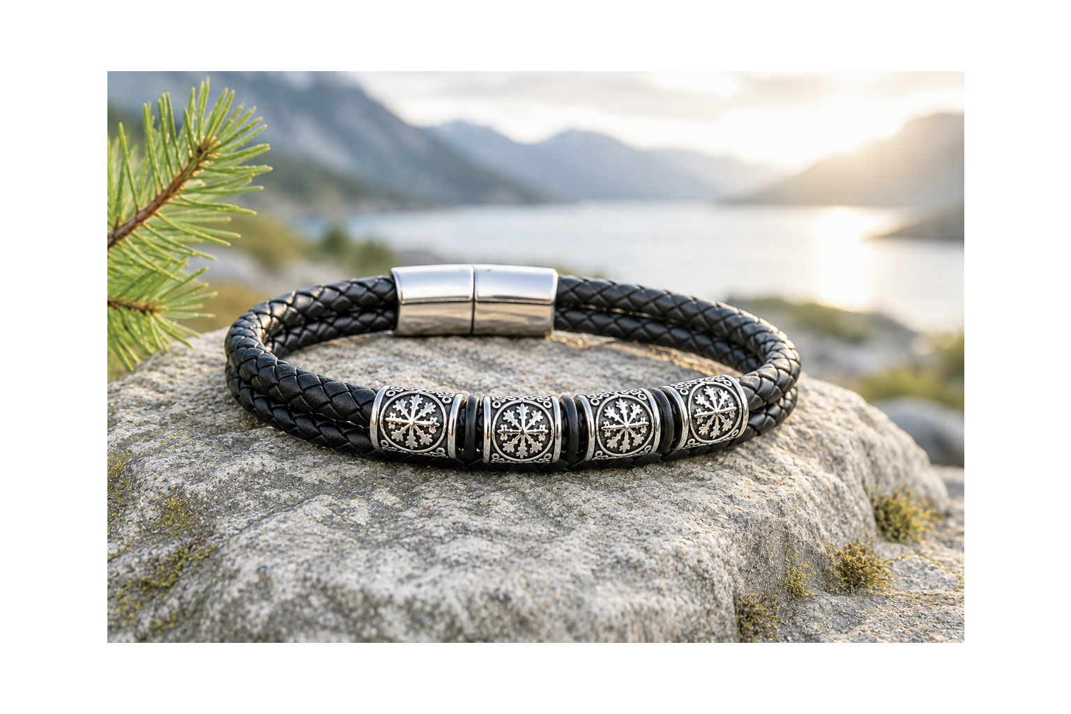 Leather Braided Bracelet with Viking Runes – Stainless Steel
