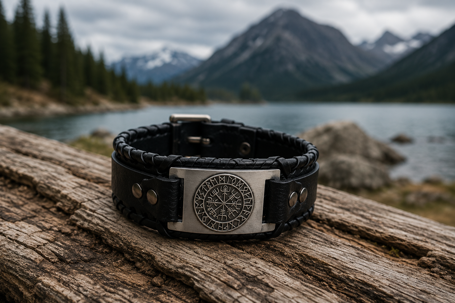 Viking Leren Armband met Vegvísir Symbool – Zwart & Staal