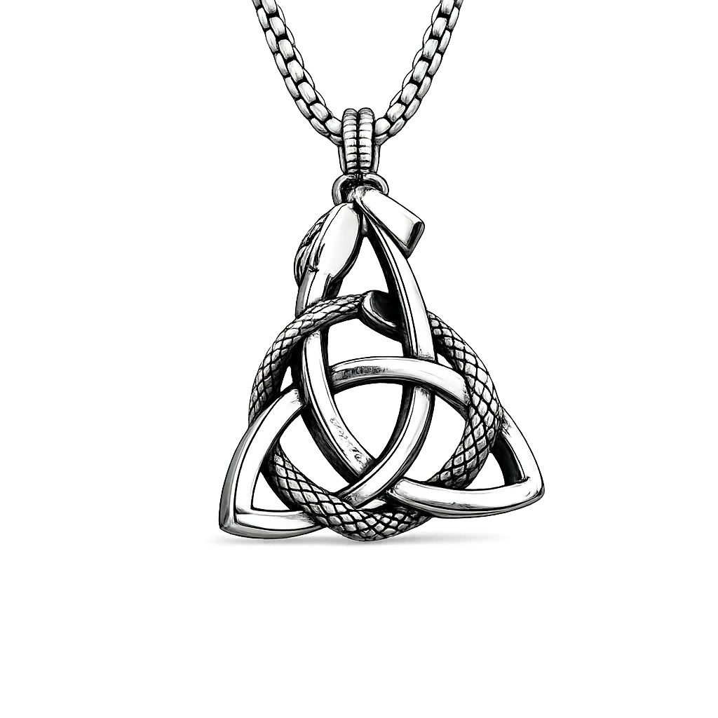 Triquetra Knot with Ouroboros Hanger – Stainless Steel
