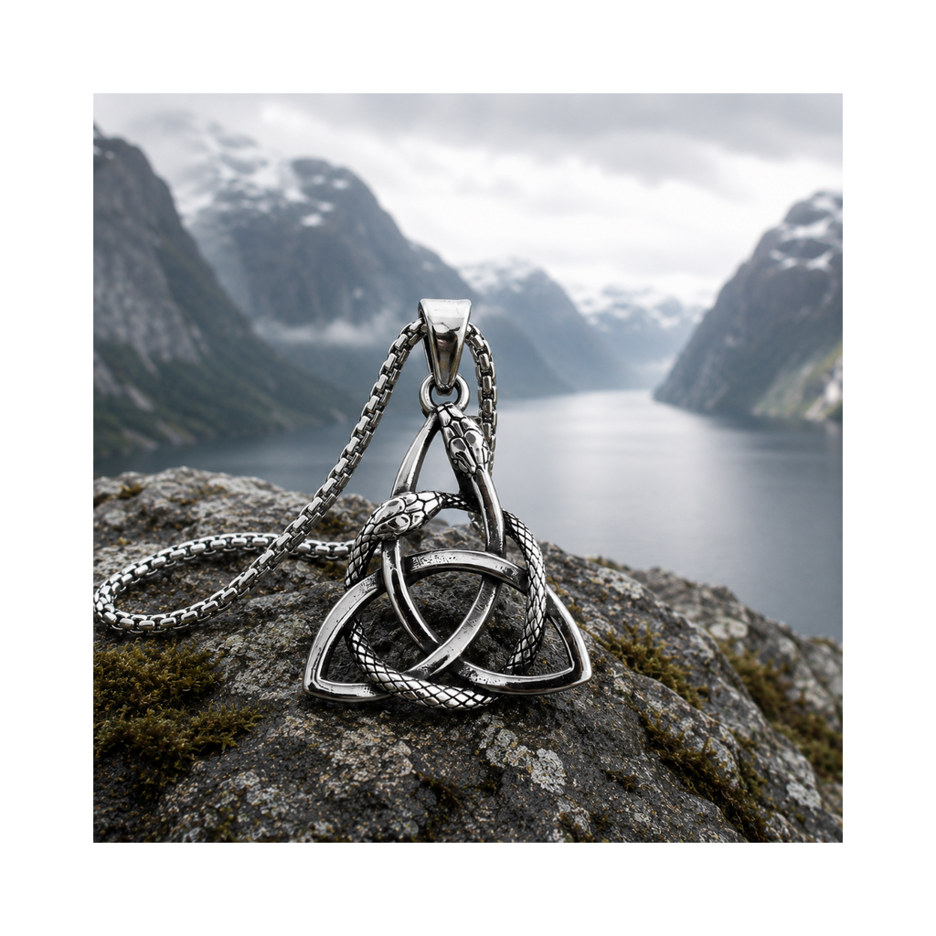 Triquetra Knot with Ouroboros Hanger – Stainless Steel