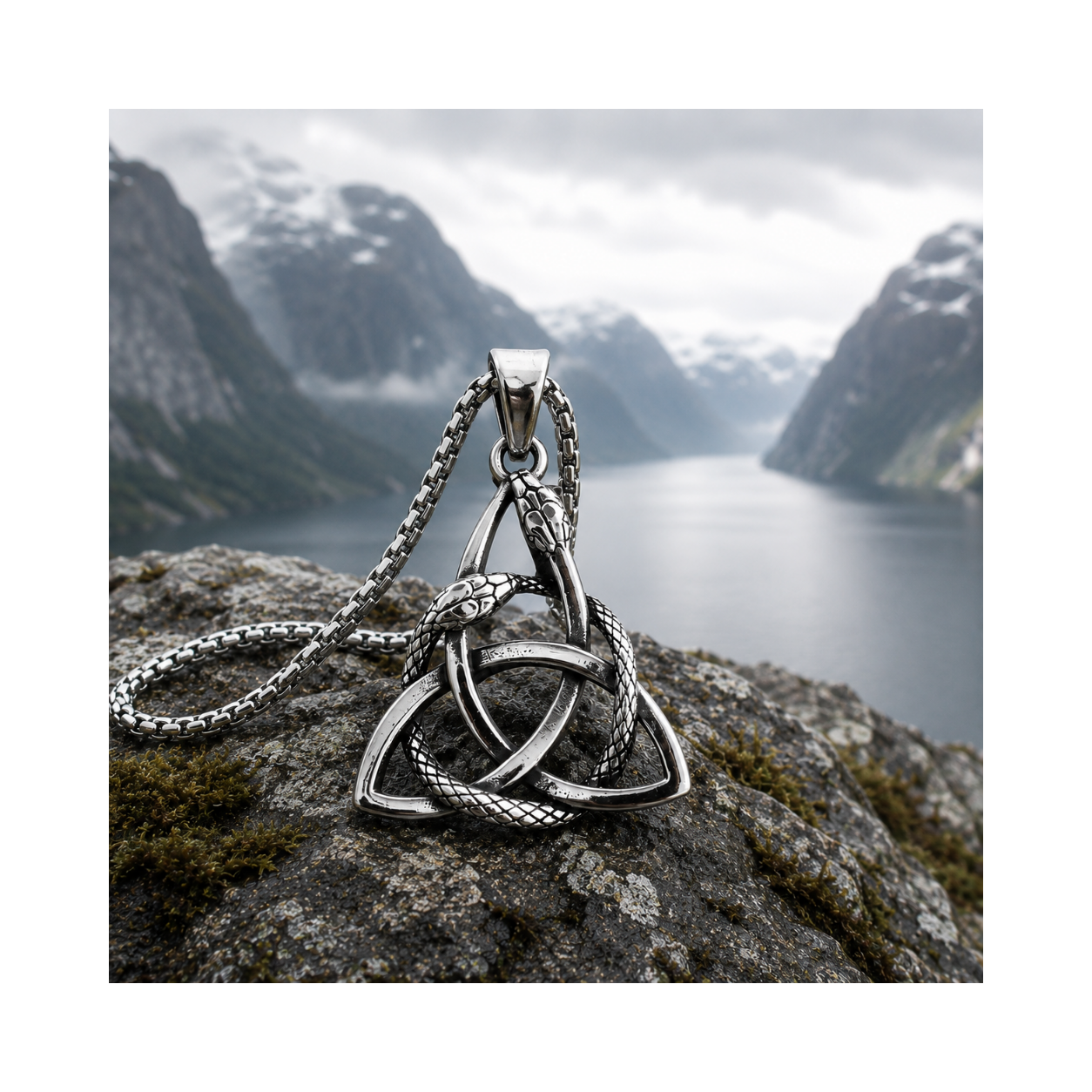 Triquetra Knot with Ouroboros Hanger – Stainless Steel