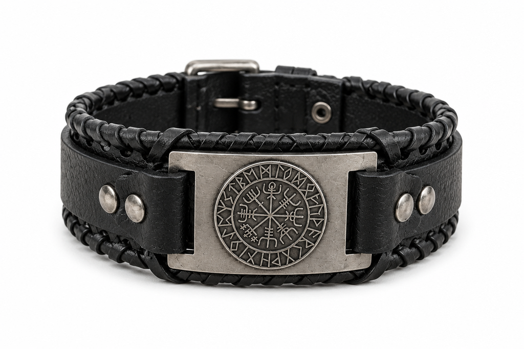 Viking Leren Armband met Vegvísir Symbool – Zwart & Staal