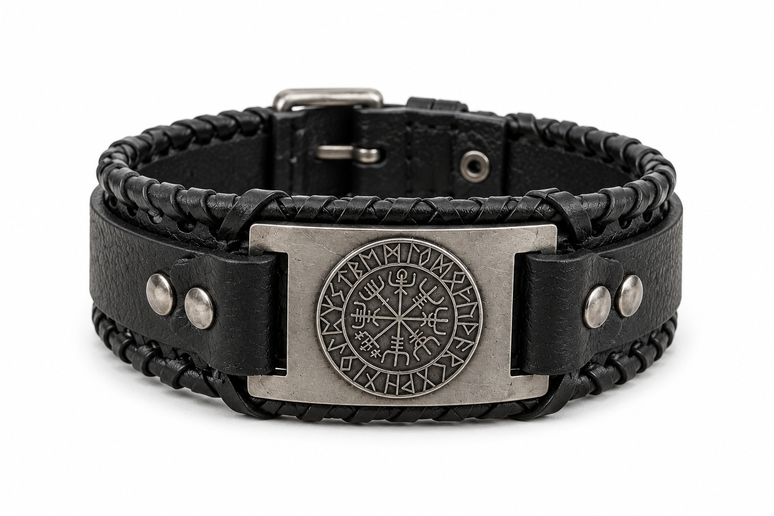 Viking Leren Armband met Vegvísir Symbool – Zwart & Staal