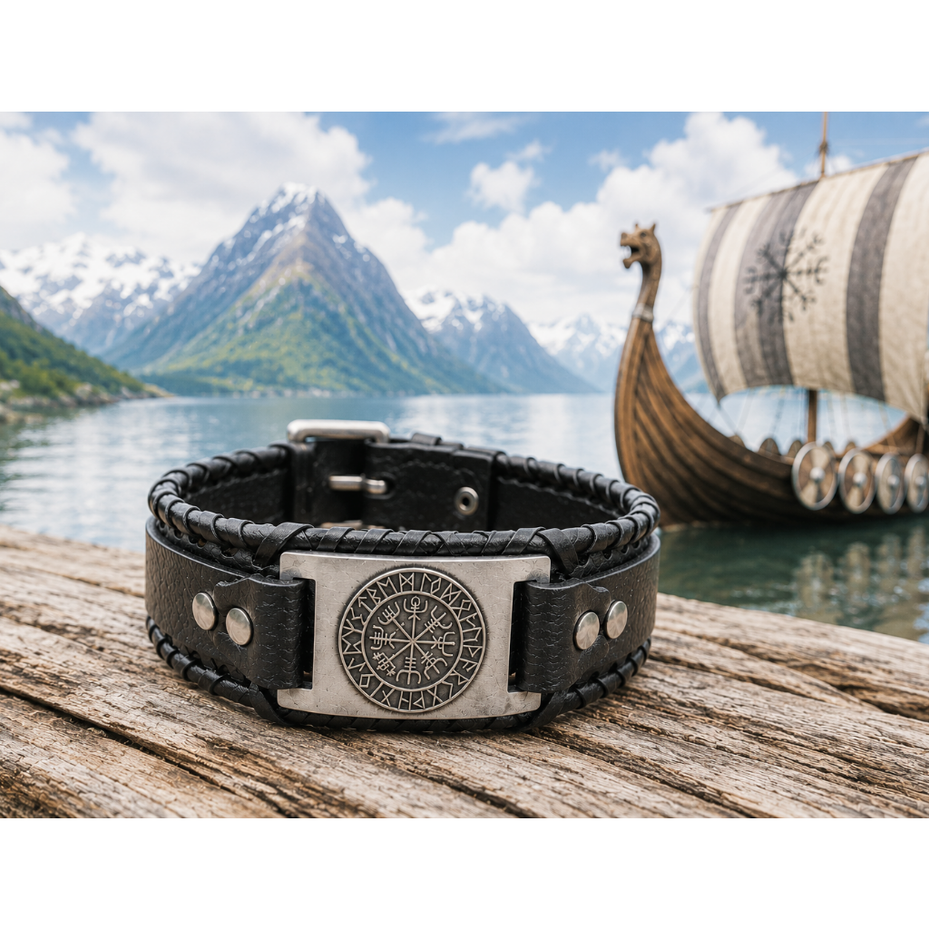 Viking Leren Armband met Vegvísir Symbool – Zwart & Staal