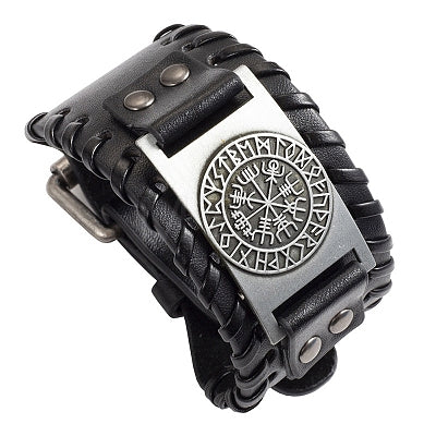Viking Leren Armband met Vegvísir Symbool – Zwart & Staal